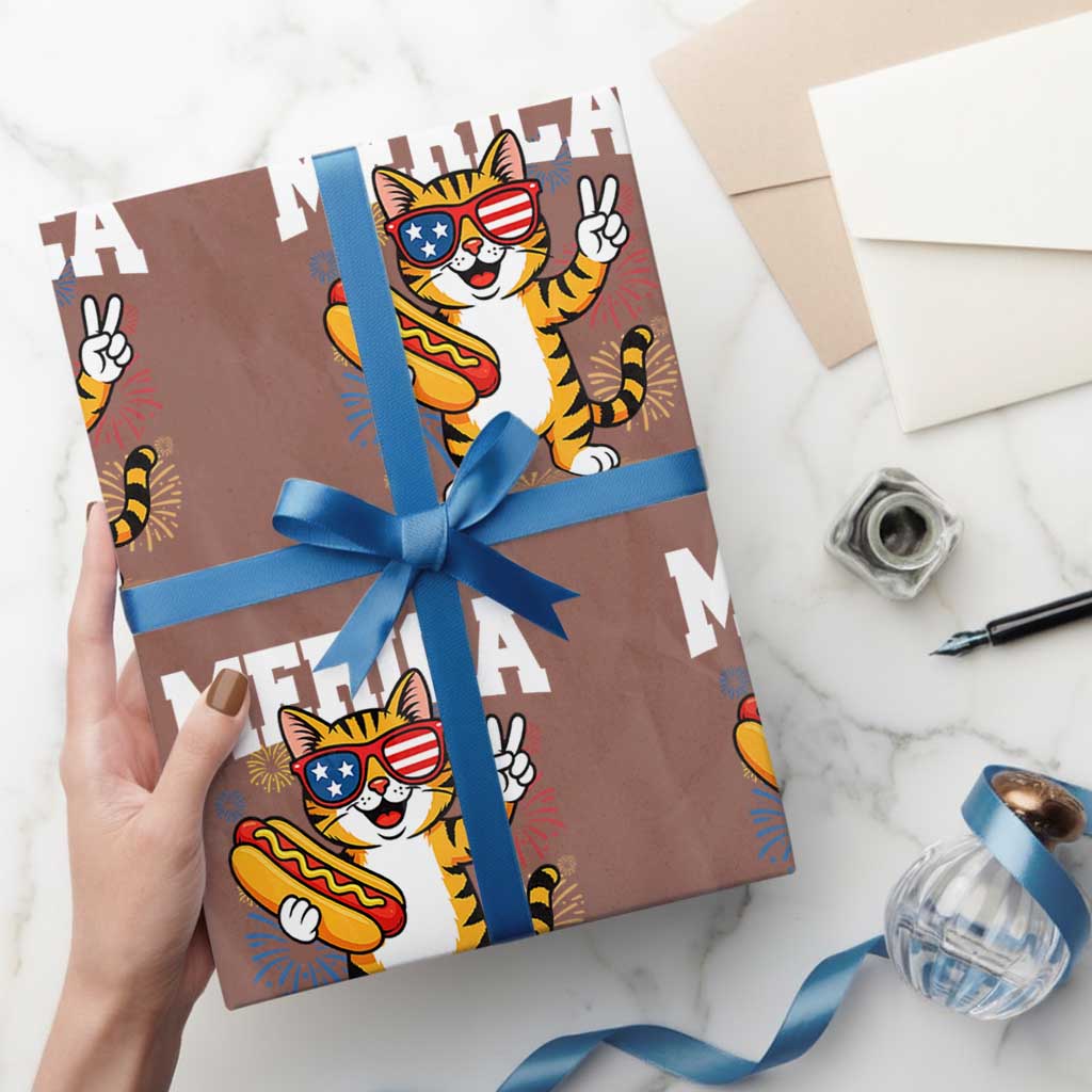 Merica Cat Wrapping Paper Roll Funny 4th of July Hot Dog and Fireworks Patriotic USA Flag - Wonder Print Shop