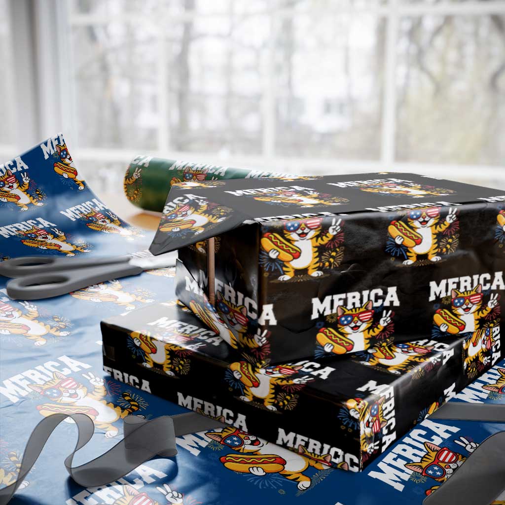 Merica Cat Wrapping Paper Roll Funny 4th of July Hot Dog and Fireworks Patriotic USA Flag - Wonder Print Shop