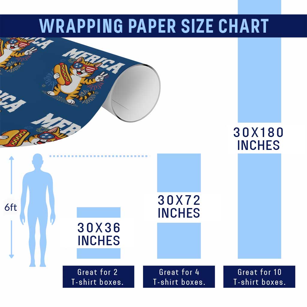Merica Cat Wrapping Paper Roll Funny 4th of July Hot Dog and Fireworks Patriotic USA Flag - Wonder Print Shop