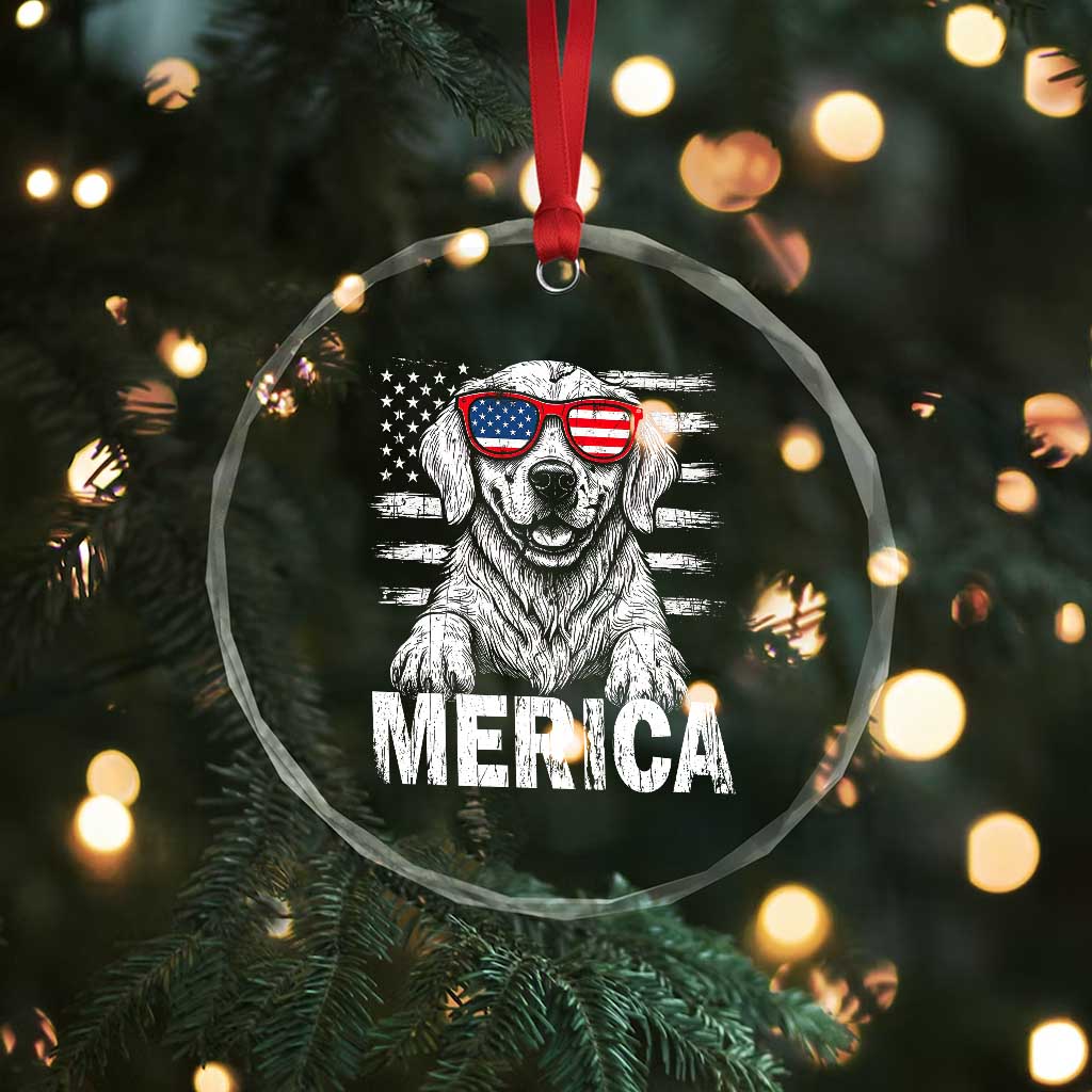 Merica Golden Retriever Crystal Glass Ornament Patriotic Dog US Flag 4th Of July TS02