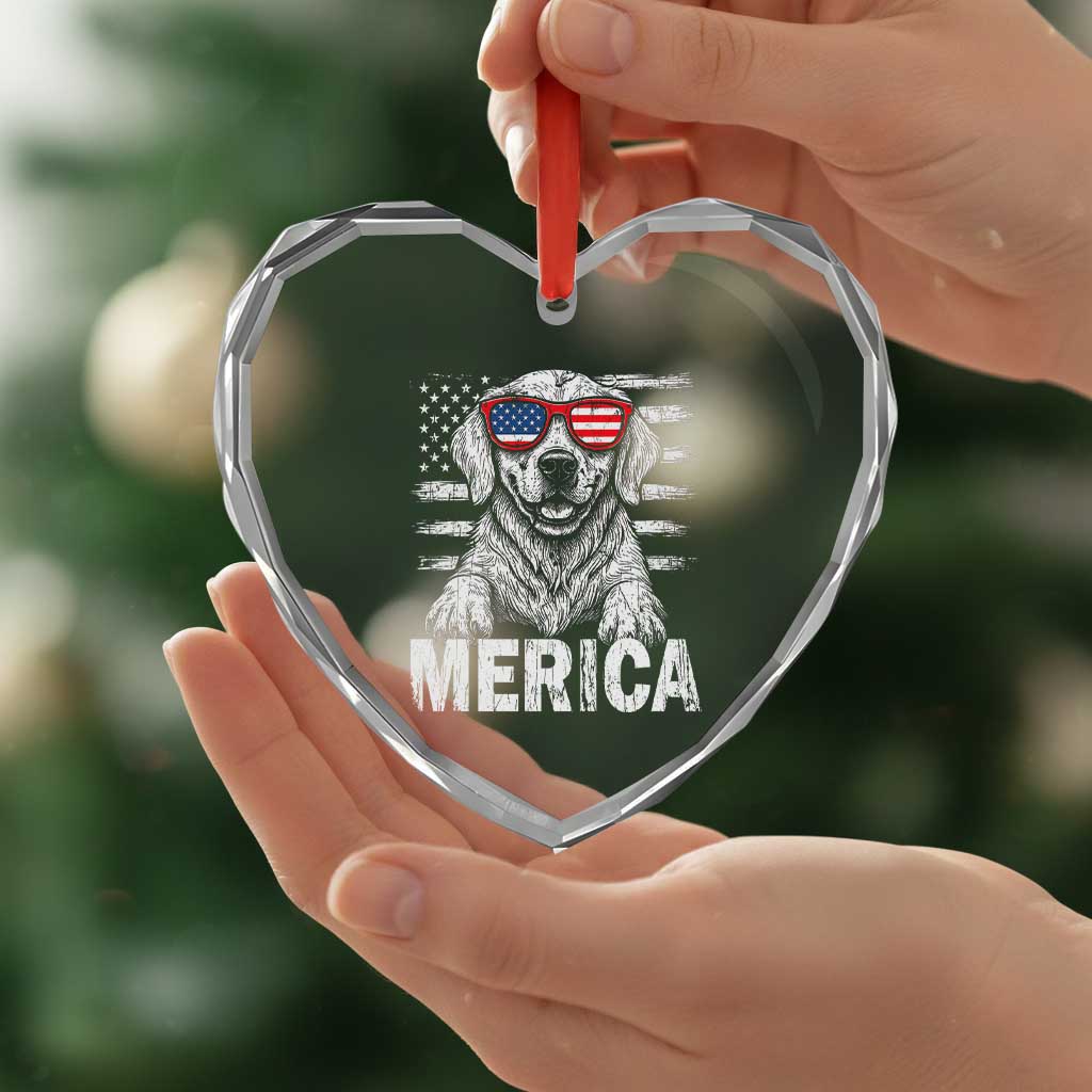 Merica Golden Retriever Heart Crystal Glass Ornament Patriotic Dog US Flag 4th Of July - Wonder Print Shop