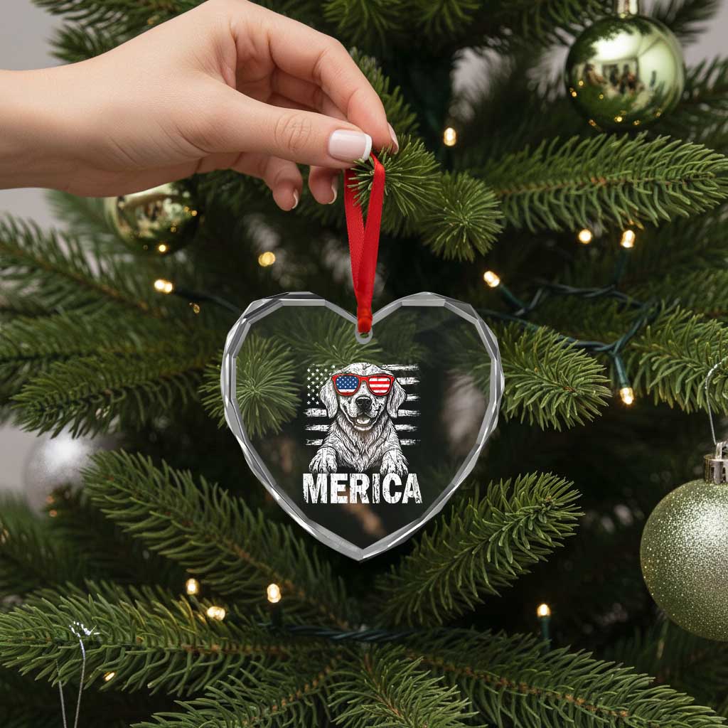 Merica Golden Retriever Heart Crystal Glass Ornament Patriotic Dog US Flag 4th Of July - Wonder Print Shop