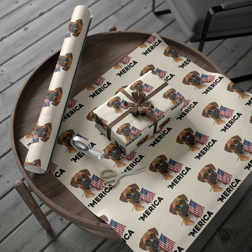 Merica Patriotic Boxer Mom Dad Gift Wrapping Paper Roll Merica 4th Of July