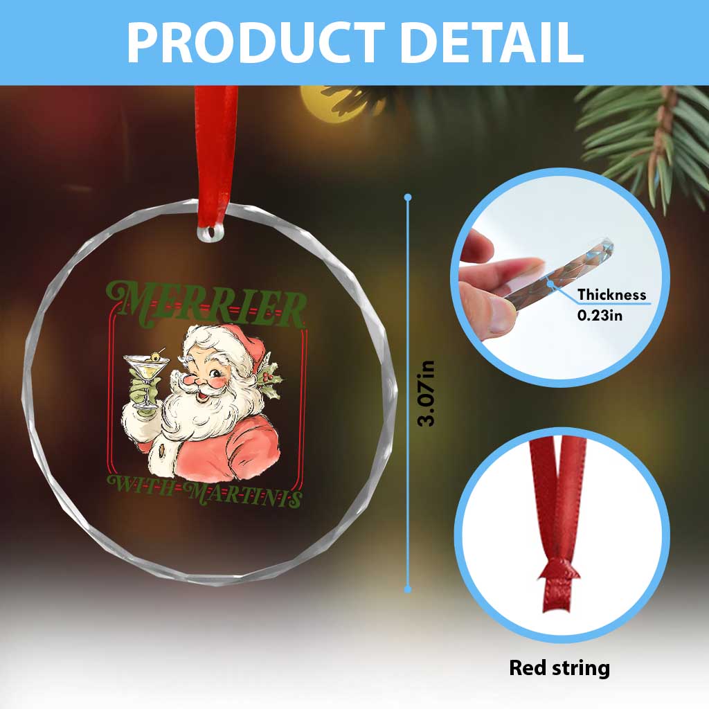 Merrier With Martinis Crystal Glass Ornament Funny Retro Santa Christmas Cocktail Lover - Wonder Print Shop
