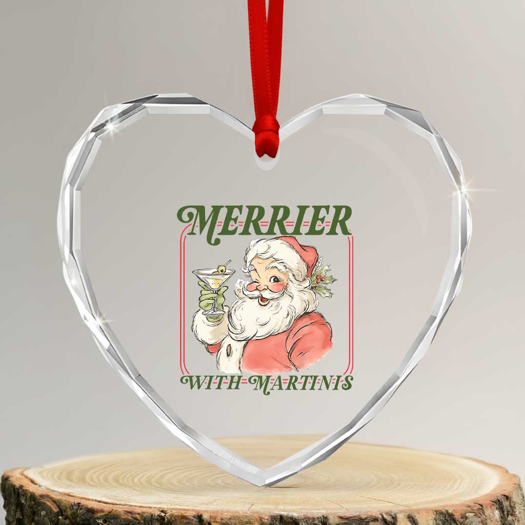 Merrier With Martinis Heart Crystal Glass Ornament Funny Retro Santa Christmas Cocktail Lover - Wonder Print Shop