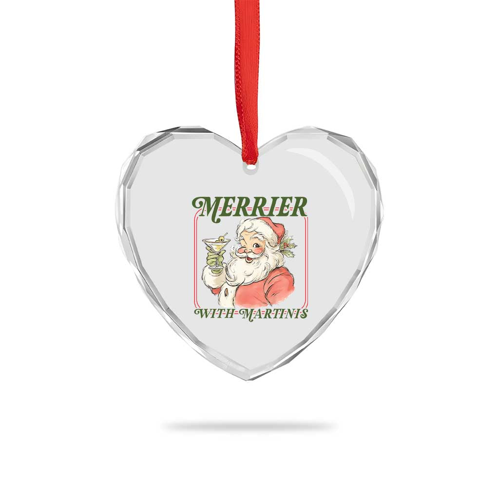 Merrier With Martinis Heart Crystal Glass Ornament Funny Retro Santa Christmas Cocktail Lover - Wonder Print Shop