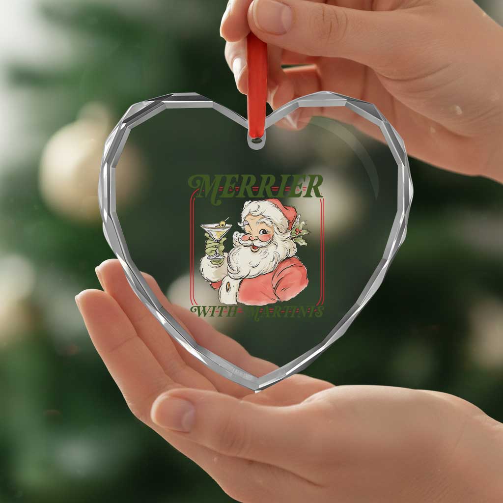 Merrier With Martinis Heart Crystal Glass Ornament Funny Retro Santa Christmas Cocktail Lover - Wonder Print Shop