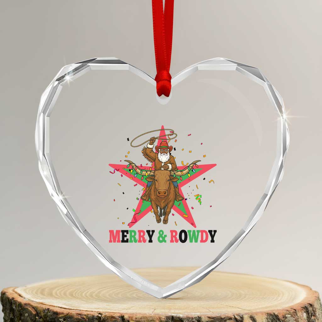 Merry And Rowdy Kwanzaa Santa Cowboy Christmas Gift Heart Crystal Glass Ornament - Wonder Print Shop