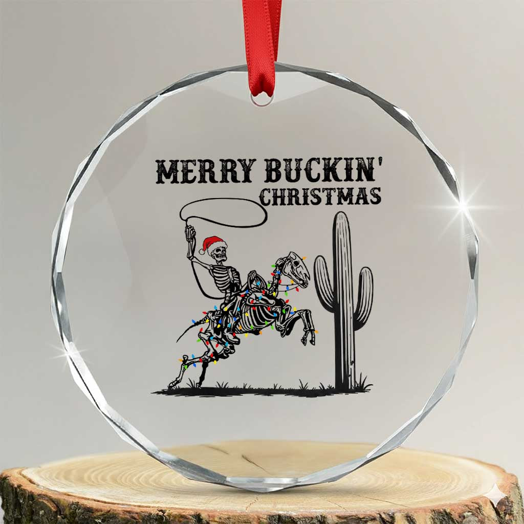 Merry Buckin Christmas Crystal Glass Ornament Funny Skeleton Santa Horse Rider - Wonder Print Shop