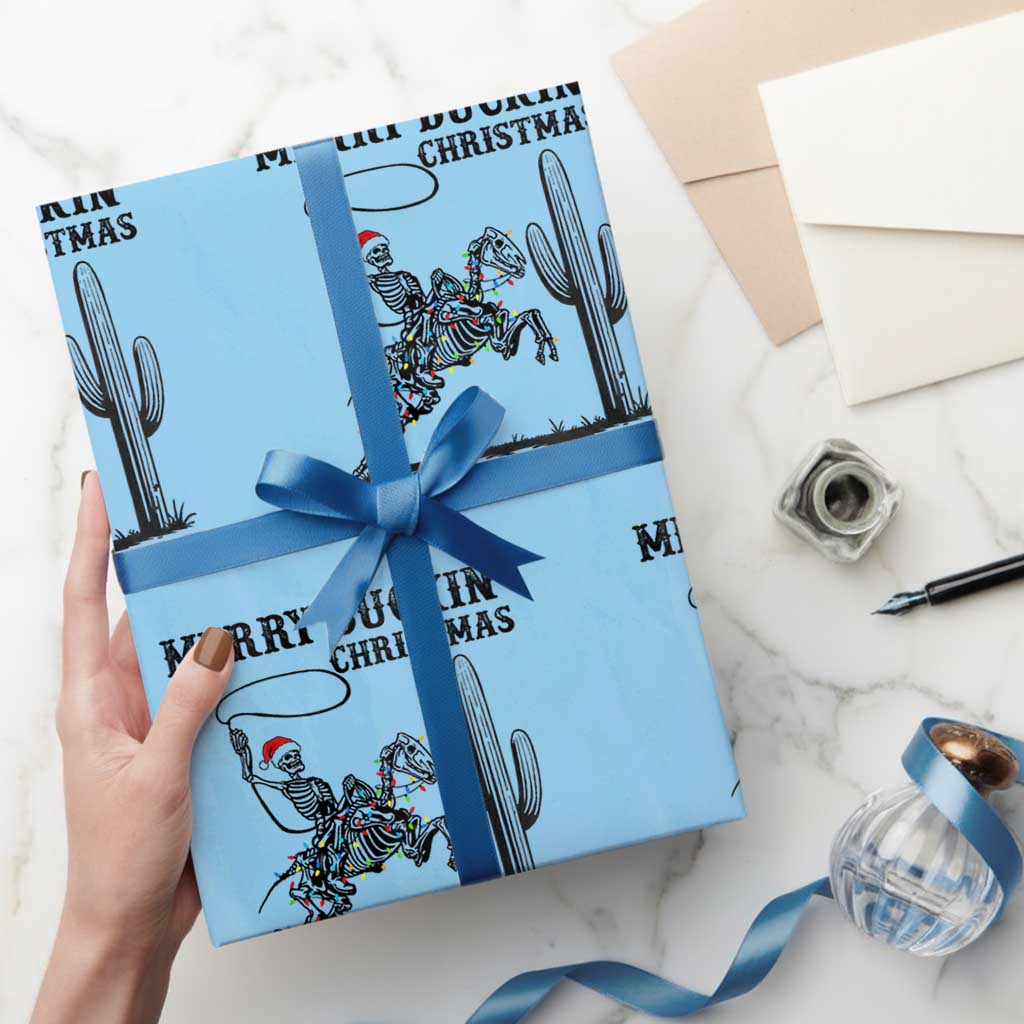 Merry Buckin Christmas Wrapping Paper Roll Funny Skeleton Santa Horse Rider - Wonder Print Shop