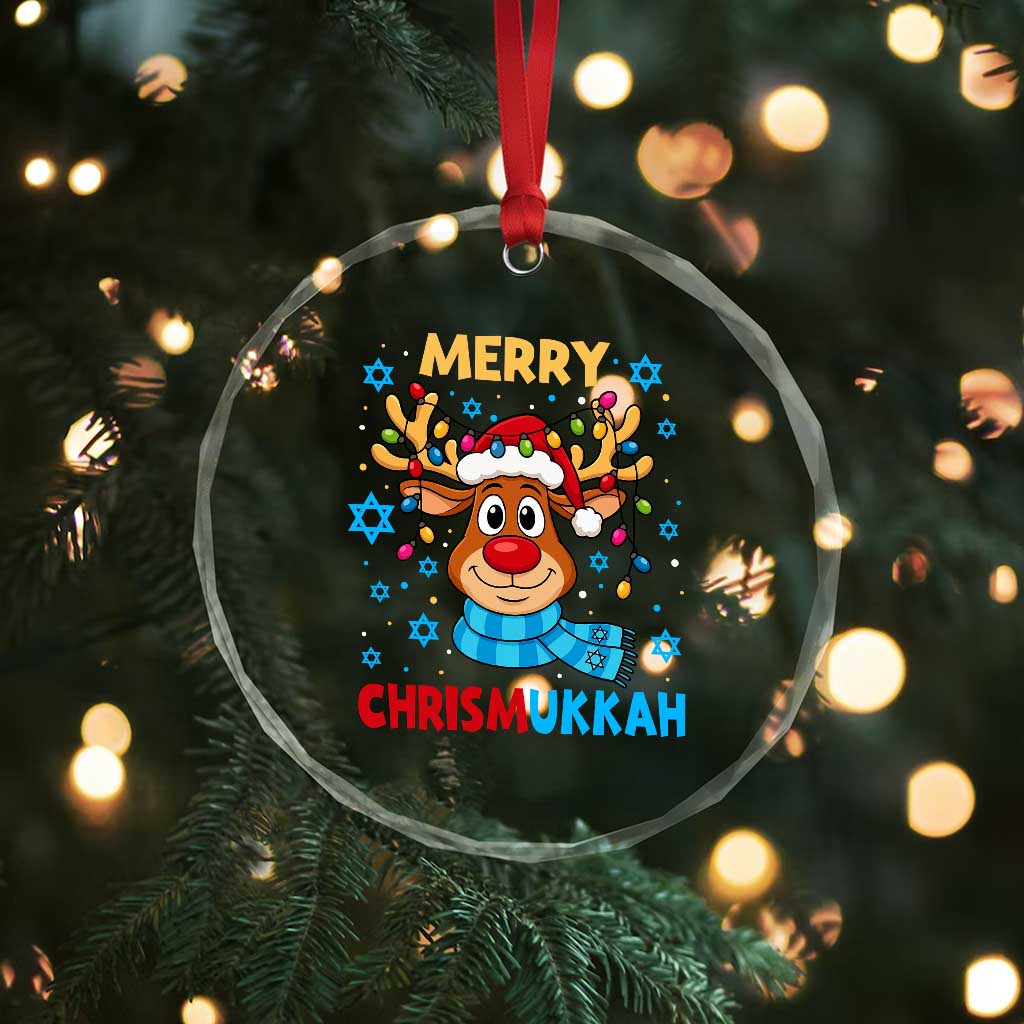 Merry Chrismukkah Crystal Glass Ornament Jewish Happy Christmas Hanukkah Reindeer Menorah - Wonder Print Shop