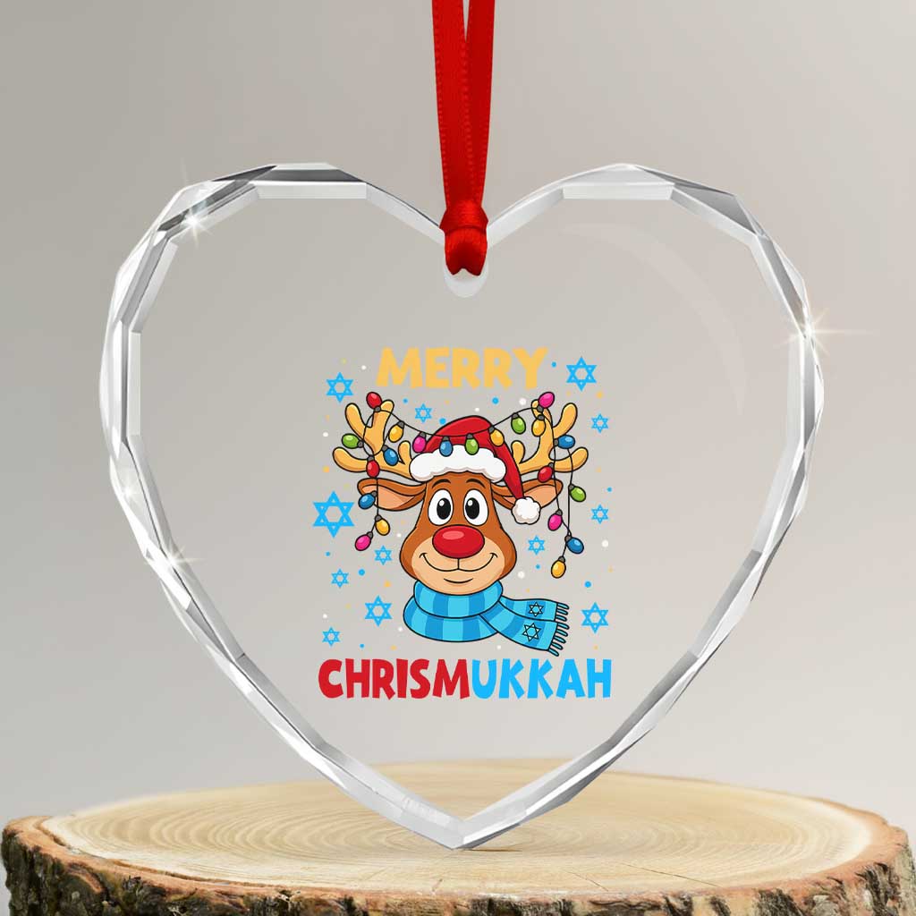 Merry Chrismukkah Heart Crystal Glass Ornament Jewish Happy Christmas Hanukkah Reindeer Menorah - Wonder Print Shop