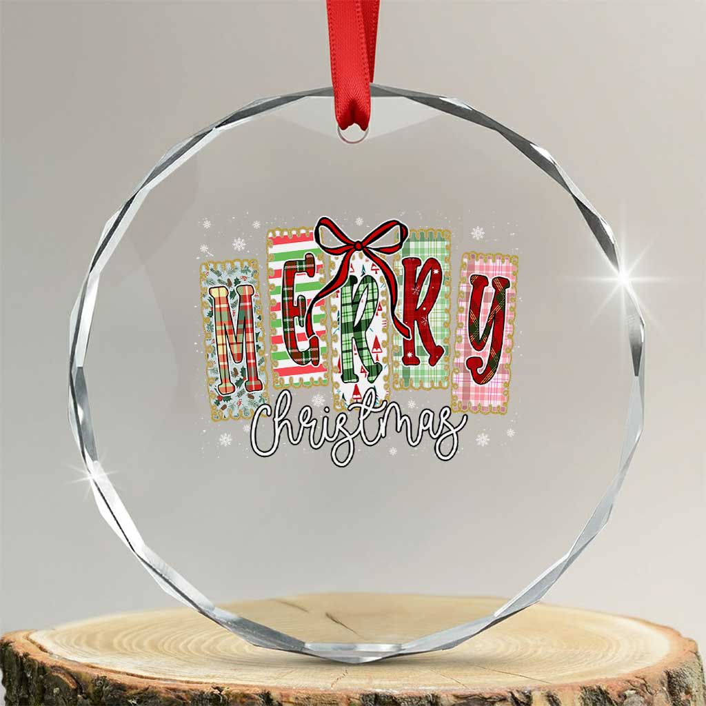 Merry Christmas Coquette Xmas Faux Glitter Gingham Tartan Doodle Crystal Glass Ornament - Wonder Print Shop