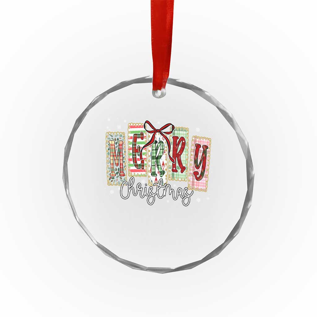 Merry Christmas Coquette Xmas Faux Glitter Gingham Tartan Doodle Crystal Glass Ornament - Wonder Print Shop