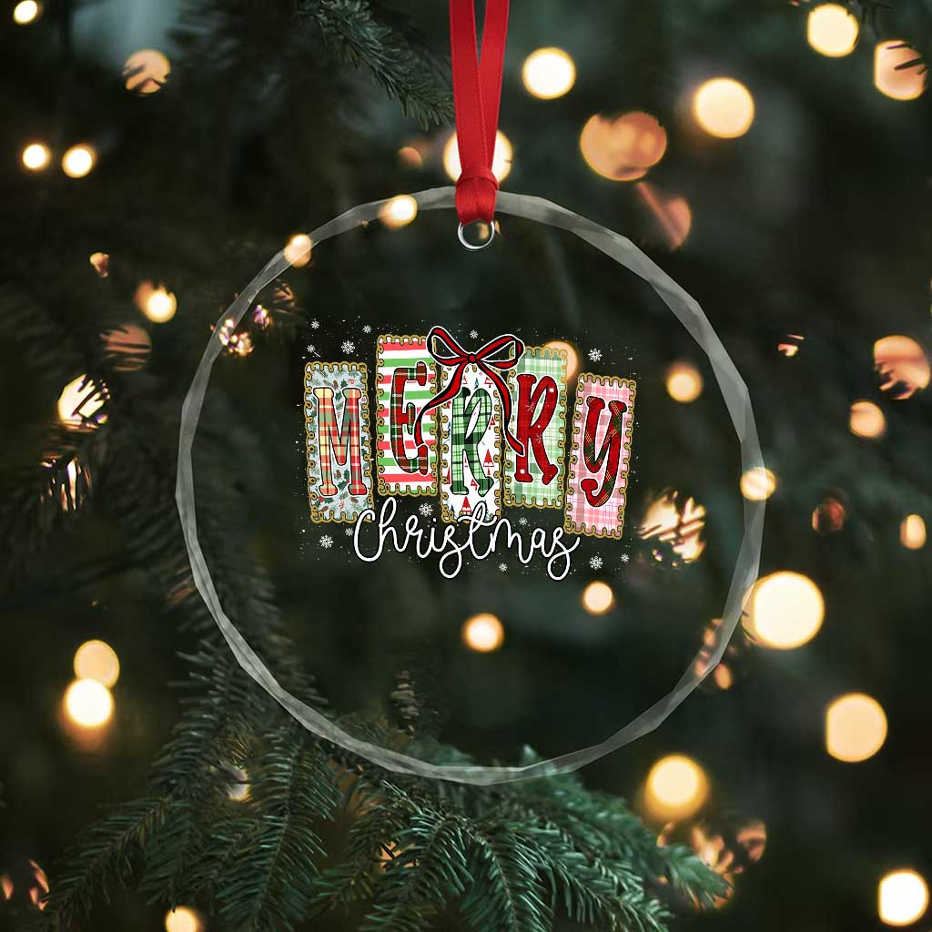 Merry Christmas Coquette Xmas Faux Glitter Gingham Tartan Doodle Crystal Glass Ornament - Wonder Print Shop