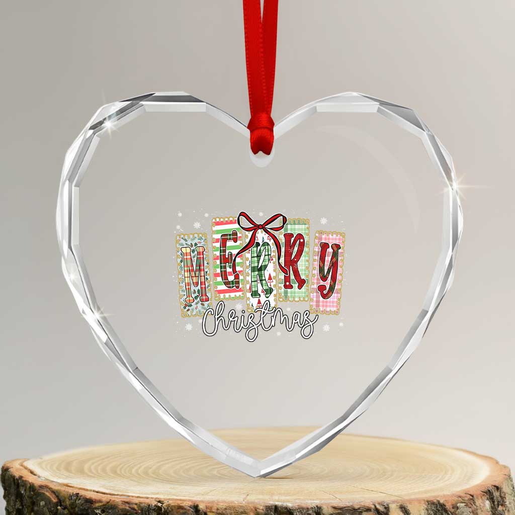Merry Christmas Coquette Xmas Faux Glitter Gingham Tartan Doodle Heart Crystal Glass Ornament - Wonder Print Shop