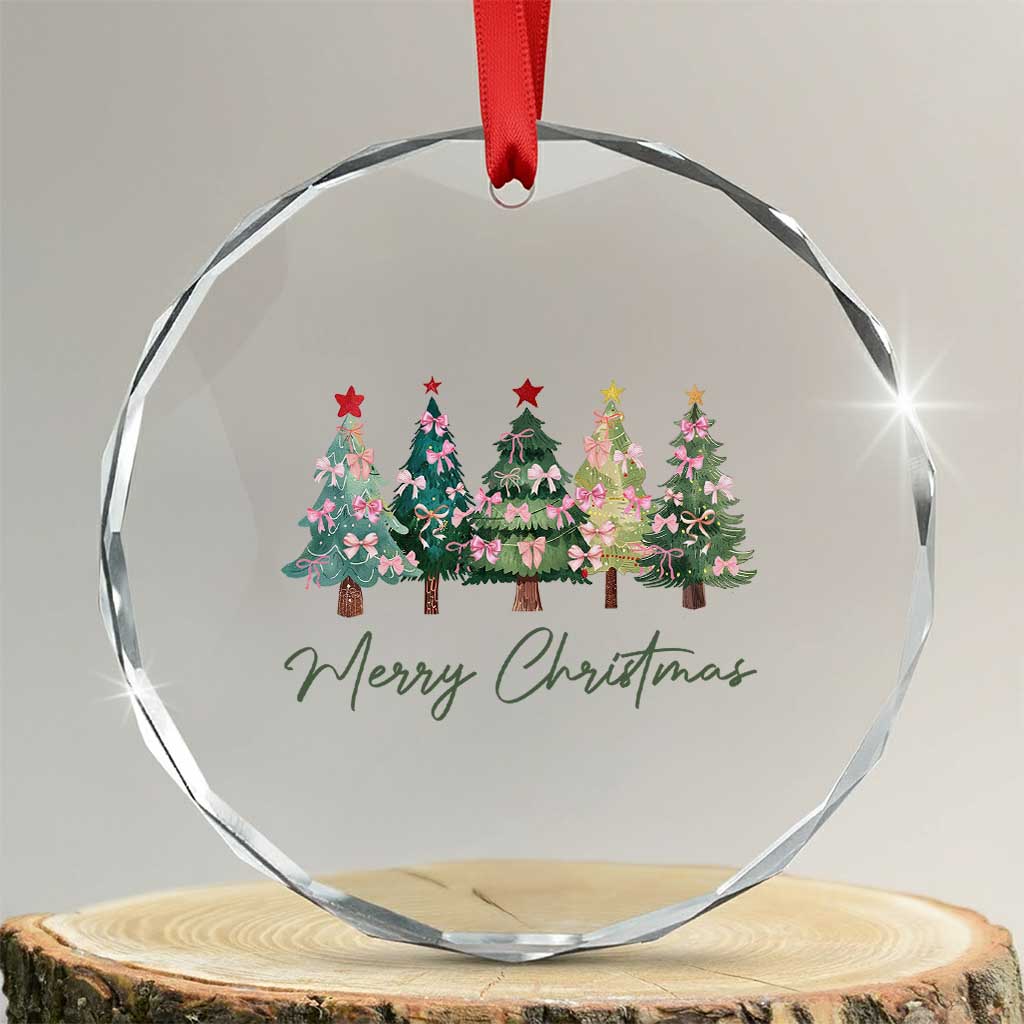 Merry Christmas Coquette Xmas Tree Crystal Glass Ornament Cute Pink Bow - Wonder Print Shop