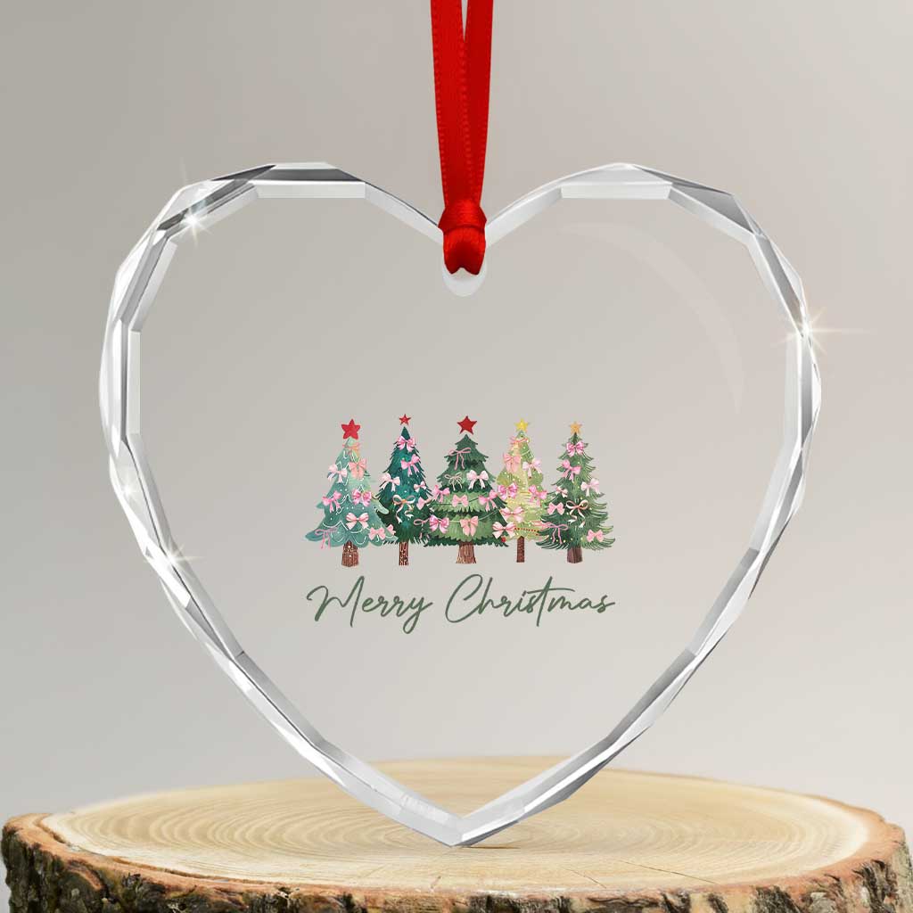Merry Christmas Coquette Xmas Tree Heart Crystal Glass Ornament Cute Pink Bow - Wonder Print Shop