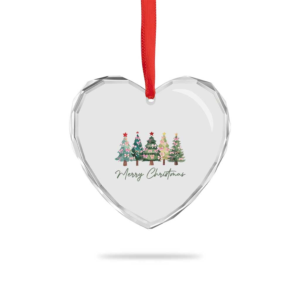 Merry Christmas Coquette Xmas Tree Heart Crystal Glass Ornament Cute Pink Bow - Wonder Print Shop