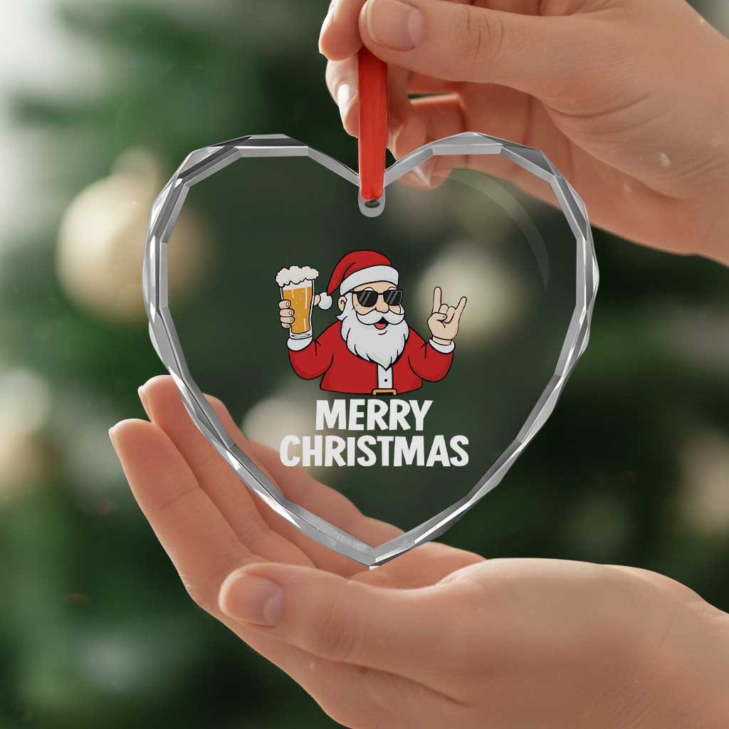 Merry Christmas Funny Santa Drinking Beer Heart Crystal Glass Ornament - Wonder Print Shop