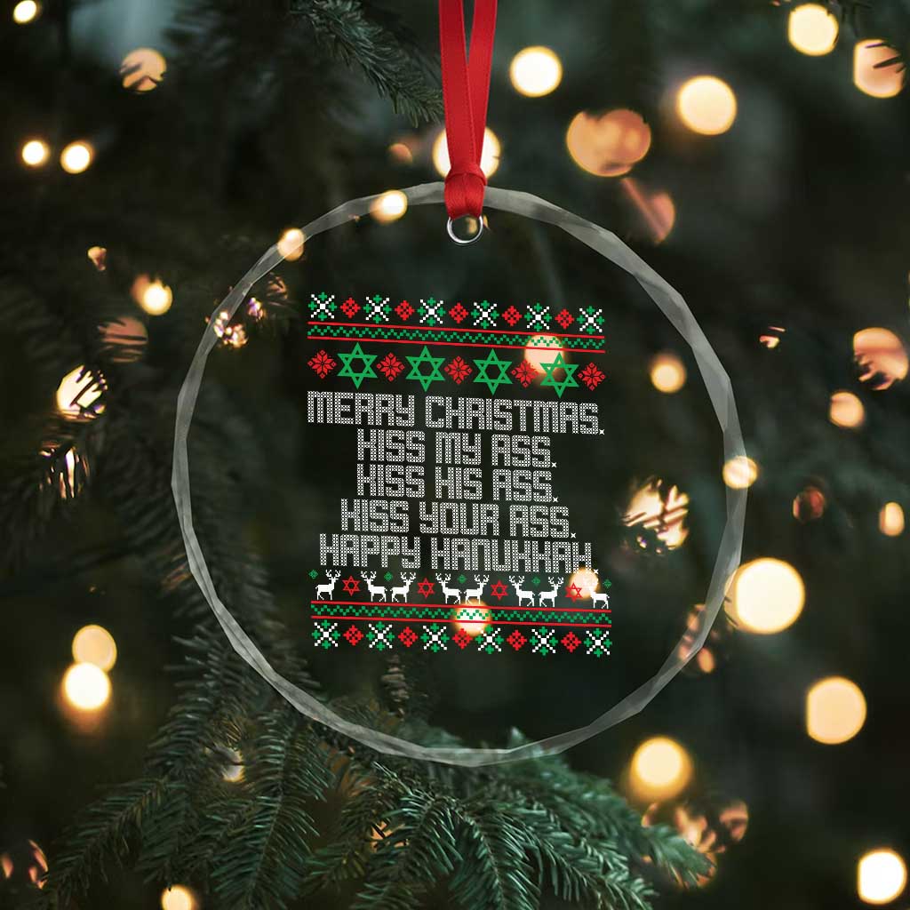 Merry Christmas Kiss My Ass Happy Hanukkah Crystal Glass Ornament - Wonder Print Shop