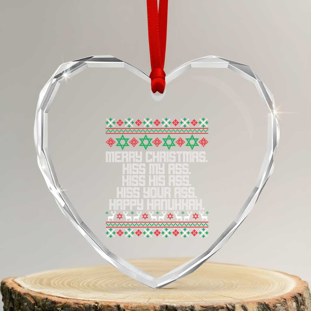 Merry Christmas Kiss My Ass Happy Hanukkah Heart Crystal Glass Ornament - Wonder Print Shop
