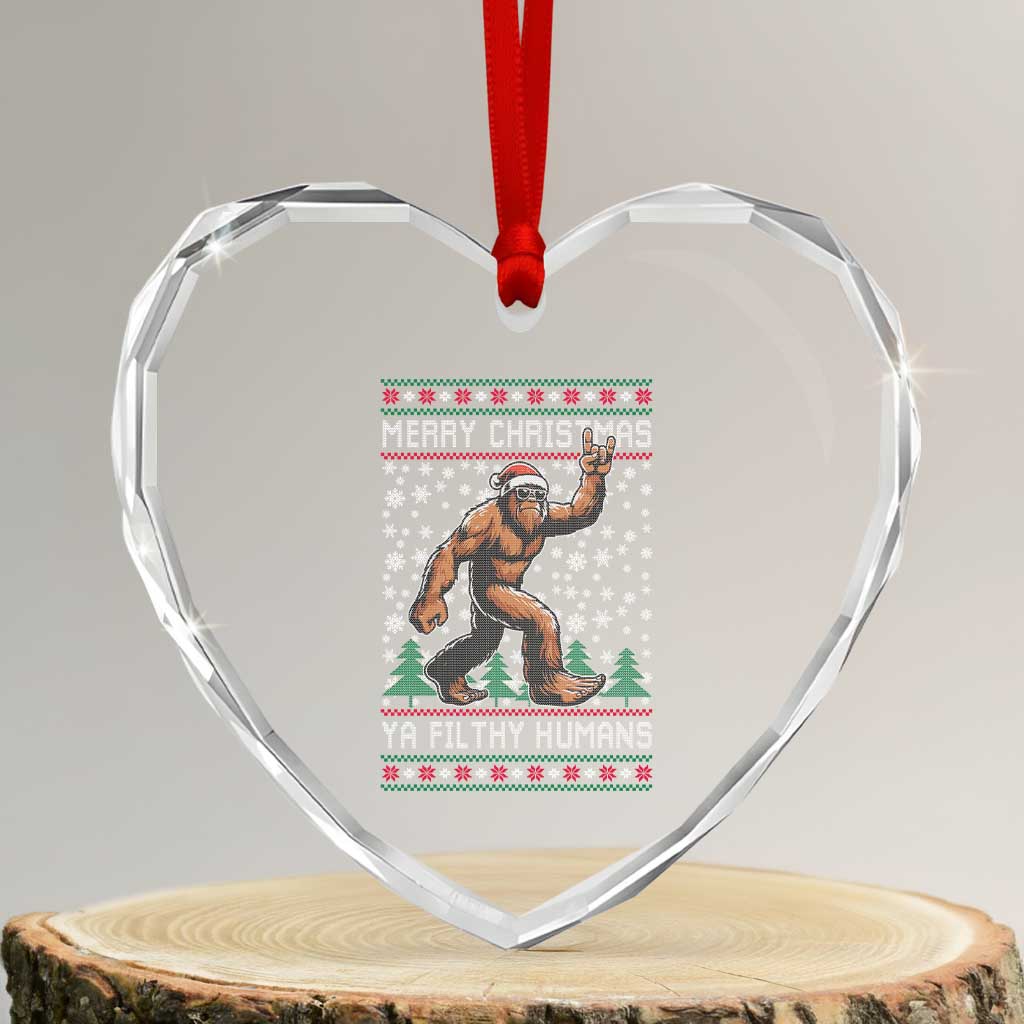 Merry Christmas Ya Filthy Humans Bigfoot Heart Crystal Glass Ornament Funny Xmas Sasquatch - Wonder Print Shop