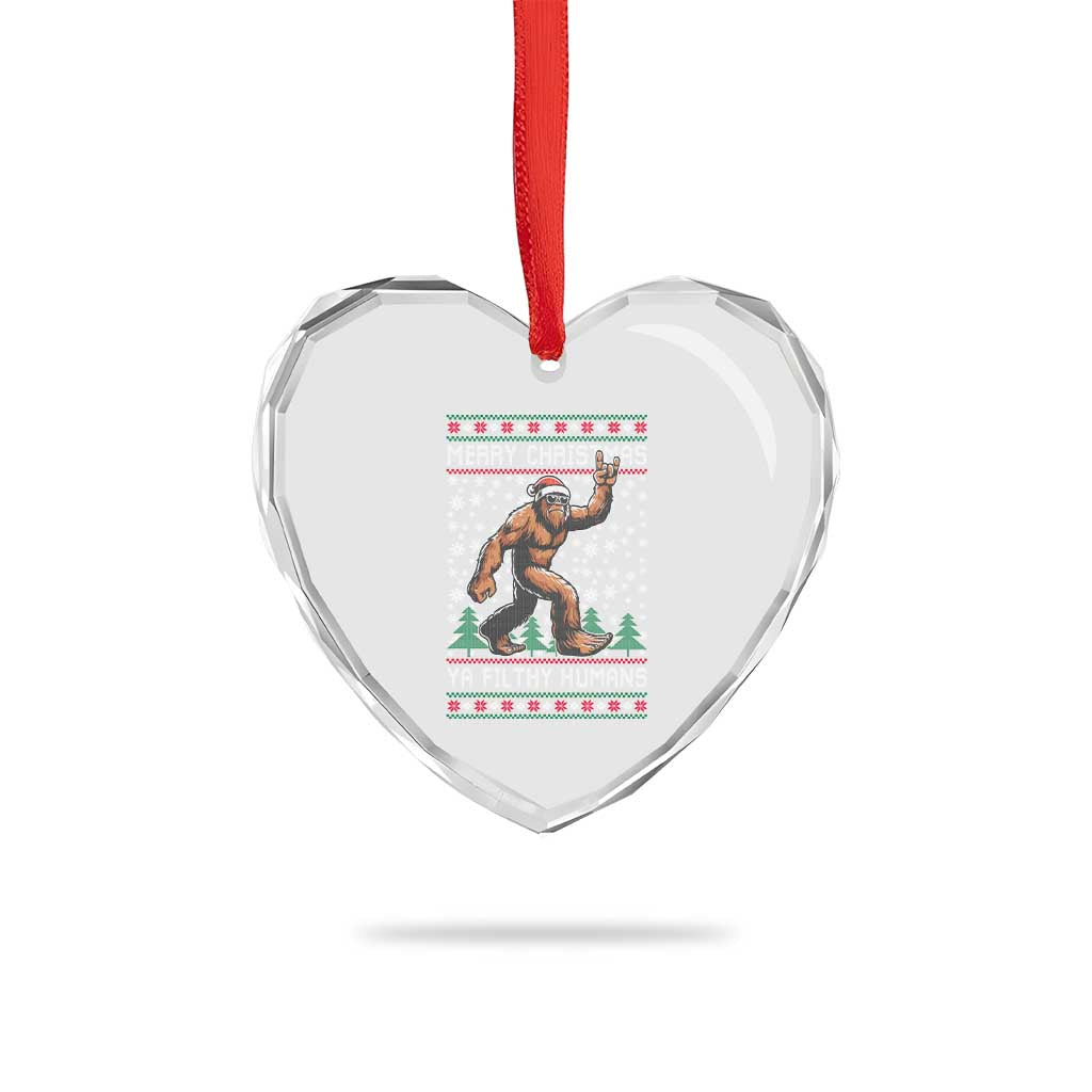 Merry Christmas Ya Filthy Humans Bigfoot Heart Crystal Glass Ornament Funny Xmas Sasquatch - Wonder Print Shop