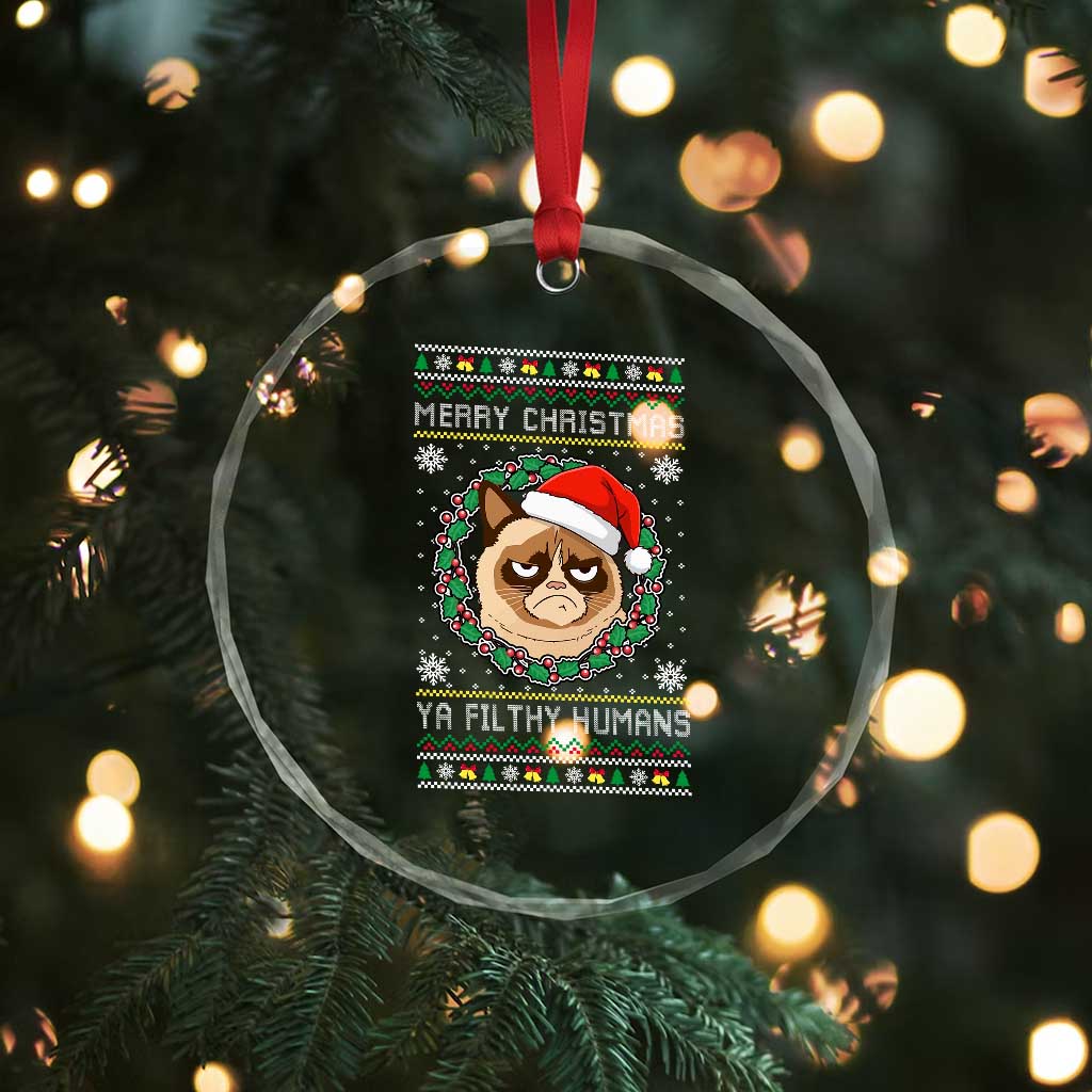 Merry Christmas Ya Filthy Humans Cat Crystal Glass Ornament Funny Xmas Grumpy Cat - Wonder Print Shop