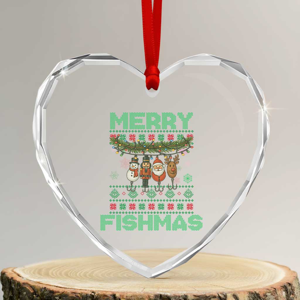 Merry Fishmas Ugly Sweater Heart Crystal Glass Ornament Funny Fishing Holiday Gift - Wonder Print Shop