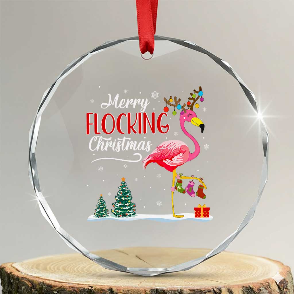Merry Flocking Xmas Pink Flamingo Crystal Glass Ornament TS09