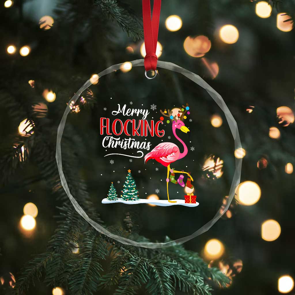 Merry Flocking Xmas Pink Flamingo Crystal Glass Ornament TS09