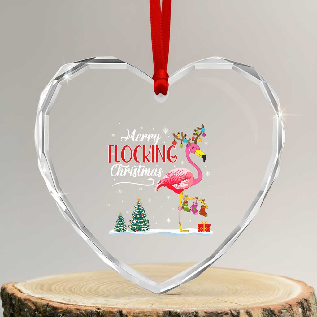 Merry Flocking Xmas Pink Flamingo Heart Crystal Glass Ornament - Wonder Print Shop
