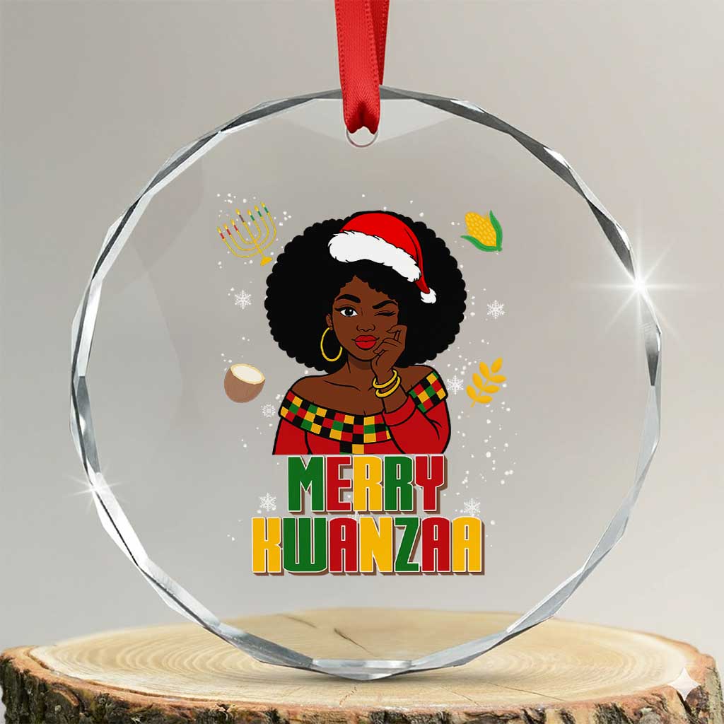 Merry Kwanzaa African American Girl Santa Hat Crystal Glass Ornament Christmas Gift - Wonder Print Shop
