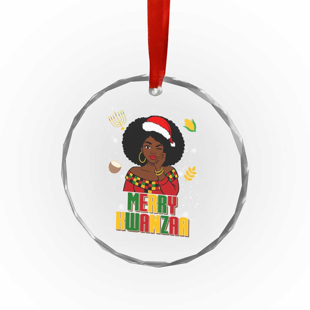 Merry Kwanzaa African American Girl Santa Hat Crystal Glass Ornament Christmas Gift - Wonder Print Shop