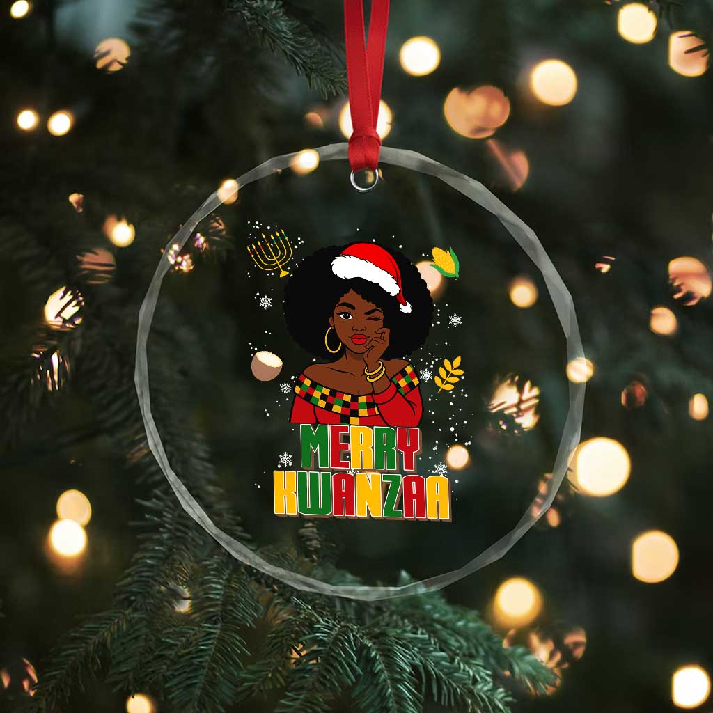 Merry Kwanzaa African American Girl Santa Hat Crystal Glass Ornament Christmas Gift - Wonder Print Shop
