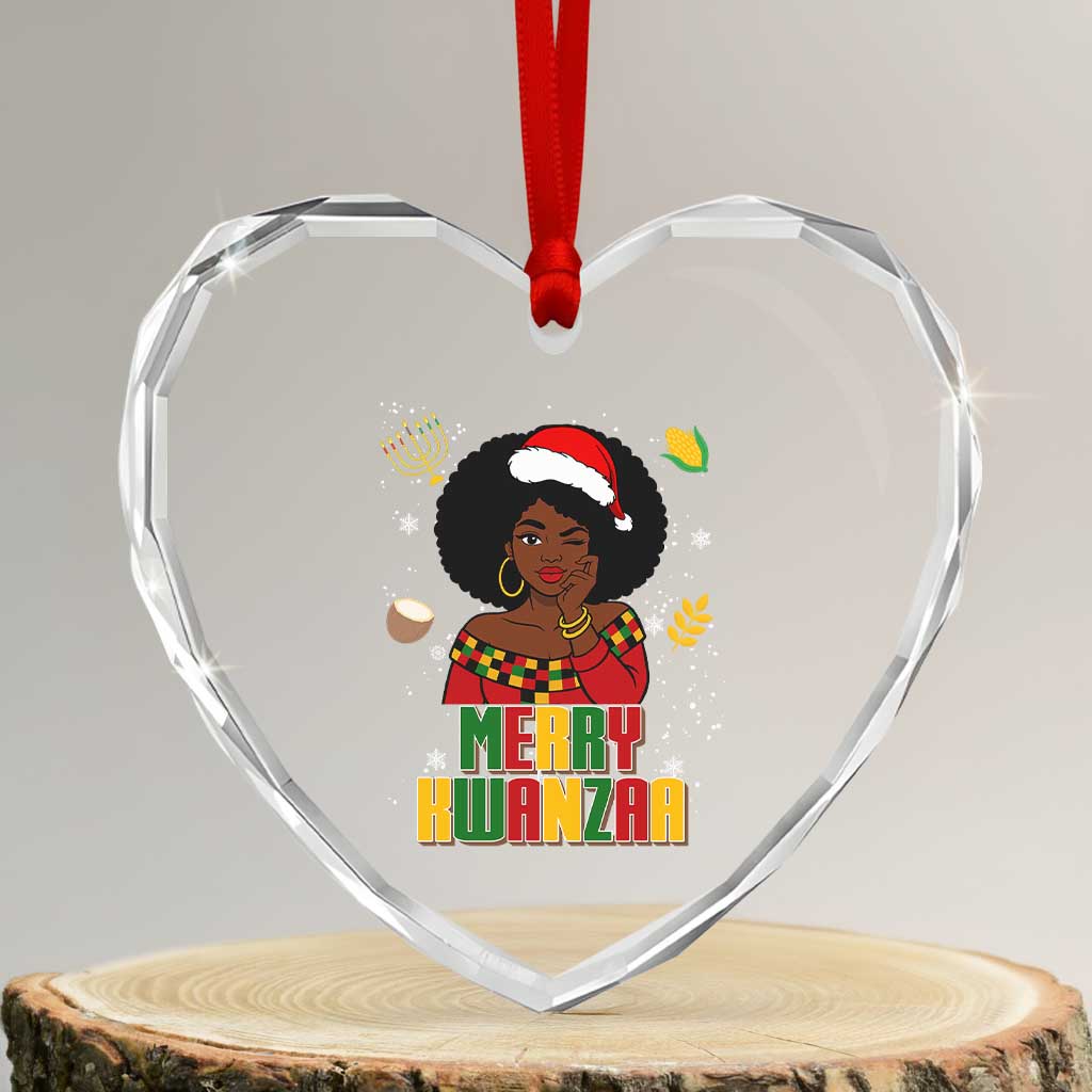 Merry Kwanzaa African American Girl Santa Hat Heart Crystal Glass Ornament Christmas Gift - Wonder Print Shop