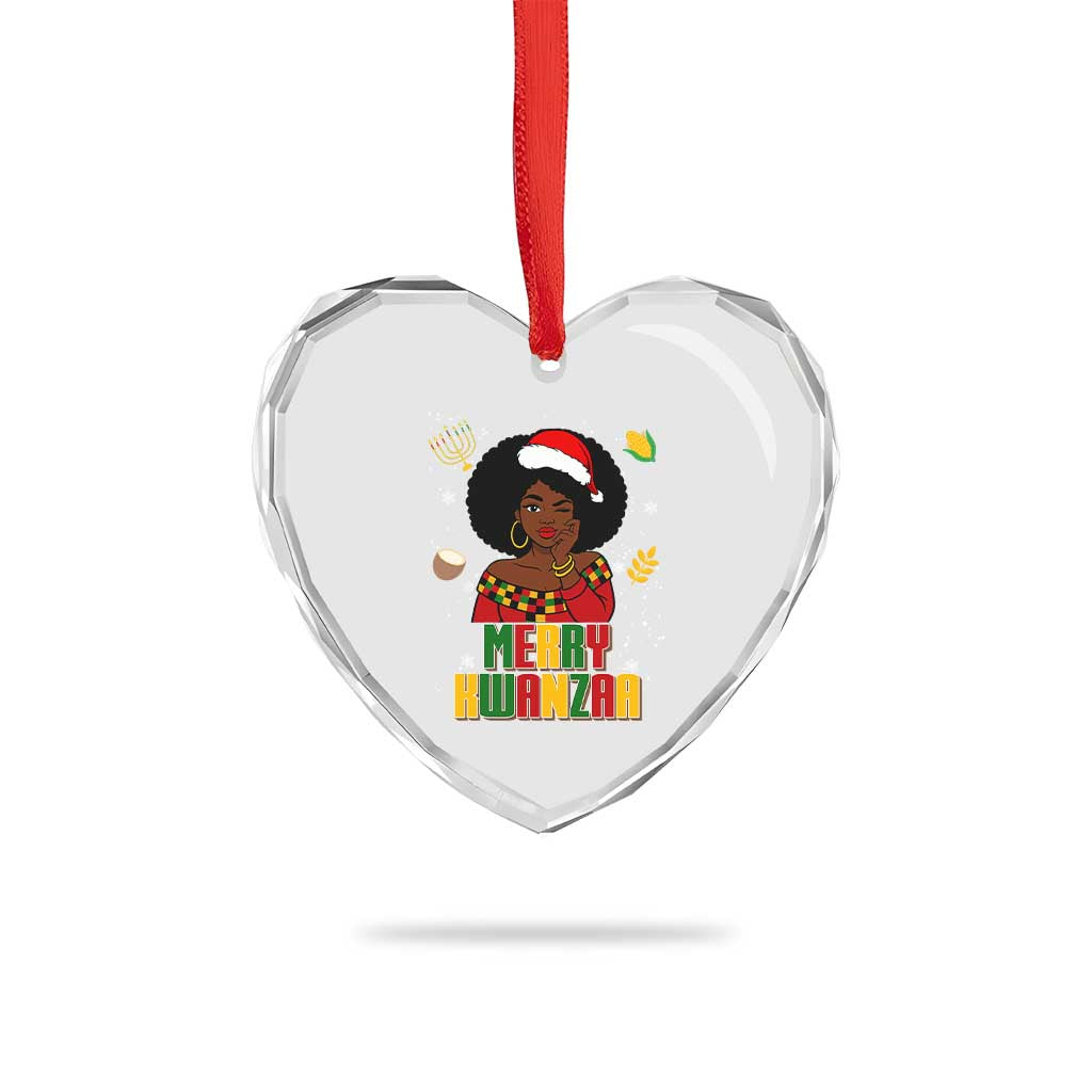 Merry Kwanzaa African American Girl Santa Hat Heart Crystal Glass Ornament Christmas Gift - Wonder Print Shop