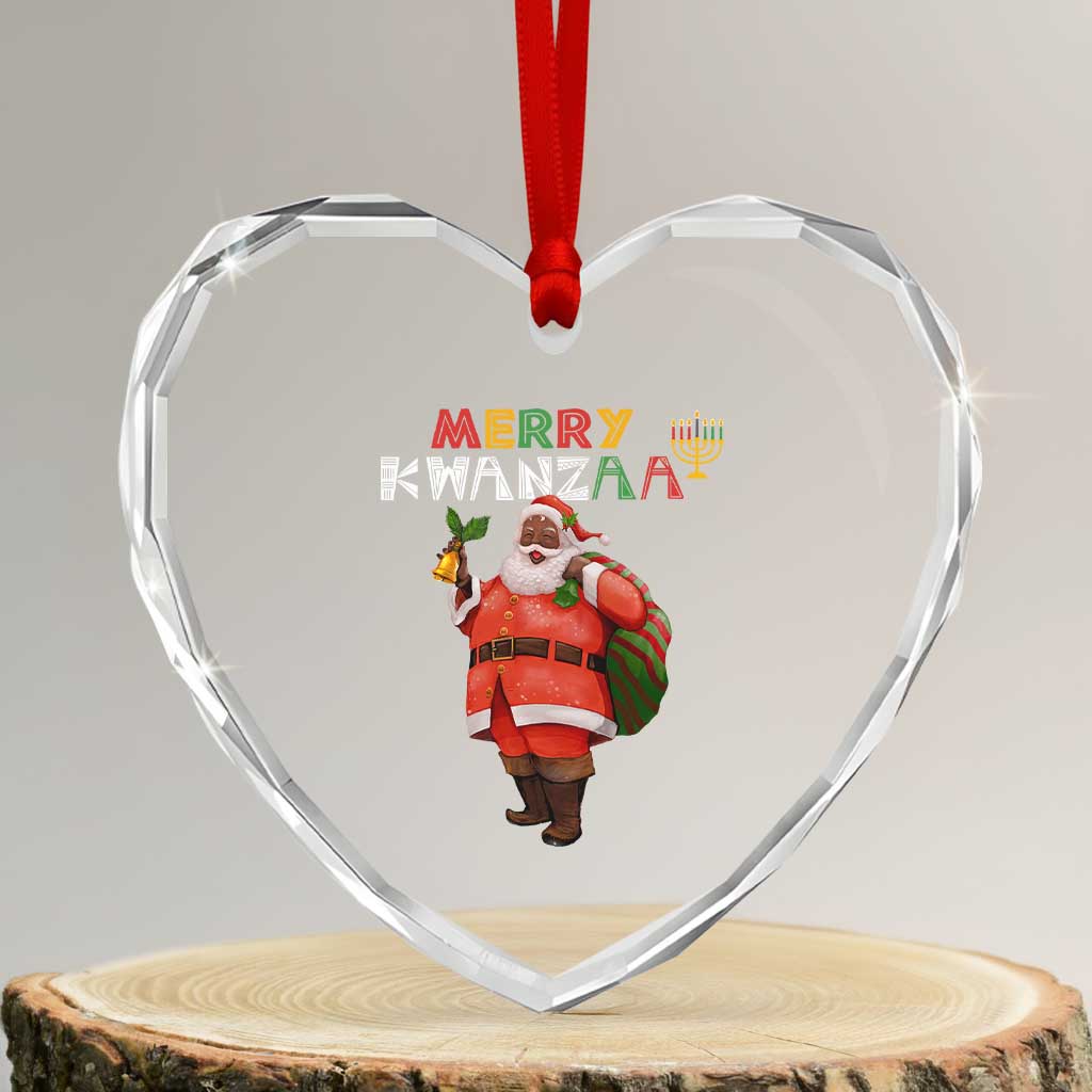 Merry Kwanzaa African American Xmas Santa Heart Crystal Glass Ornament - Wonder Print Shop