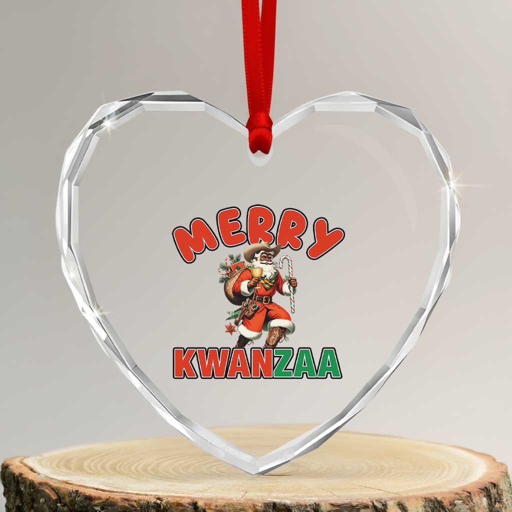 Merry Kwanzaa Cowboy Black Santa Heart Crystal Glass Ornament African American Christmas Gift - Wonder Print Shop