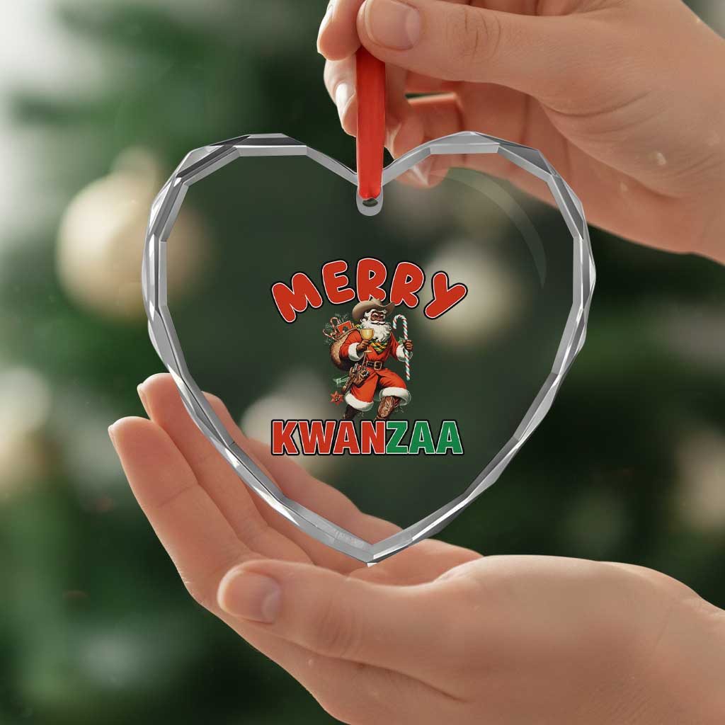 Merry Kwanzaa Cowboy Black Santa Heart Crystal Glass Ornament African American Christmas Gift - Wonder Print Shop