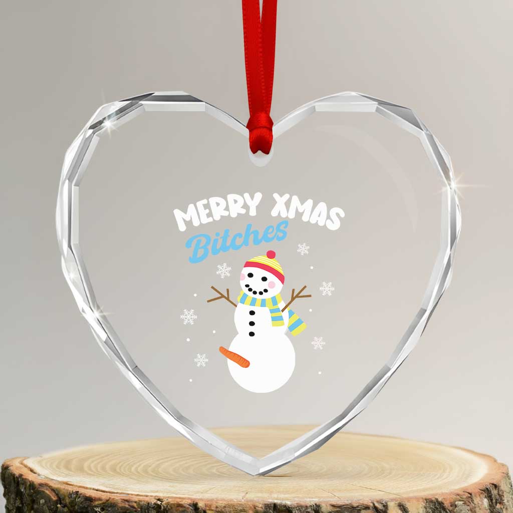 Merry Xmas Bitches Heart Crystal Glass Ornament Naughty Dirty Carrot Snowman - Wonder Print Shop