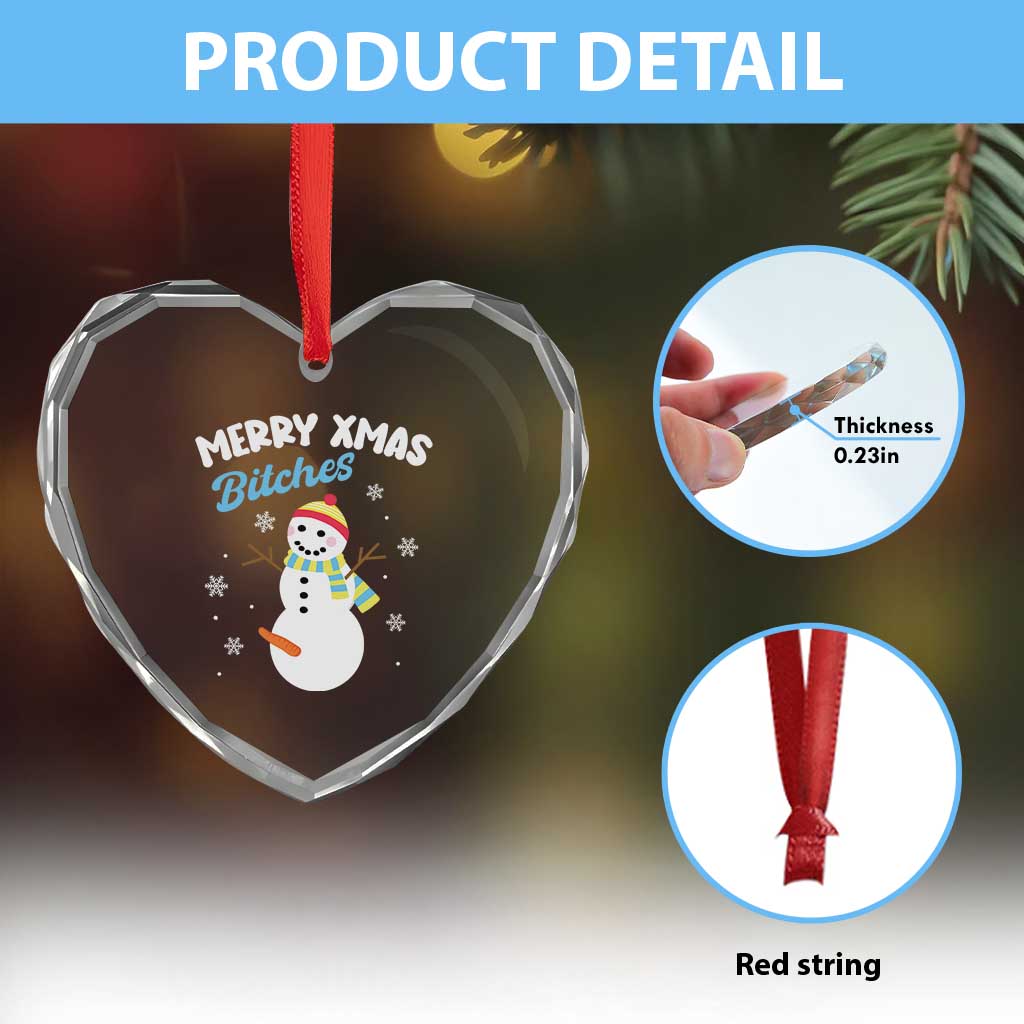Merry Xmas Bitches Heart Crystal Glass Ornament Naughty Dirty Carrot Snowman - Wonder Print Shop