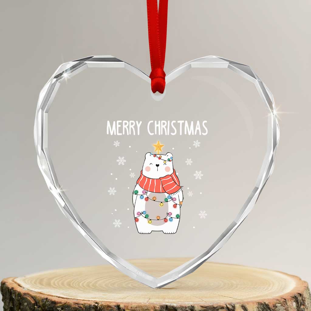 Merry Xmas Cute Polar Bear Heart Crystal Glass Ornament - Wonder Print Shop
