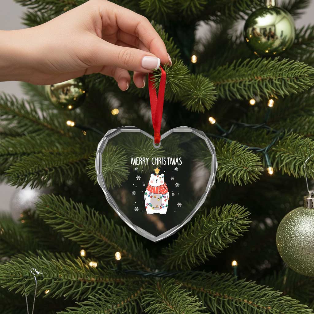 Merry Xmas Cute Polar Bear Heart Crystal Glass Ornament - Wonder Print Shop