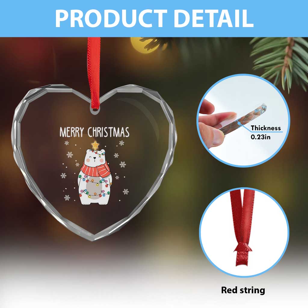 Merry Xmas Cute Polar Bear Heart Crystal Glass Ornament - Wonder Print Shop