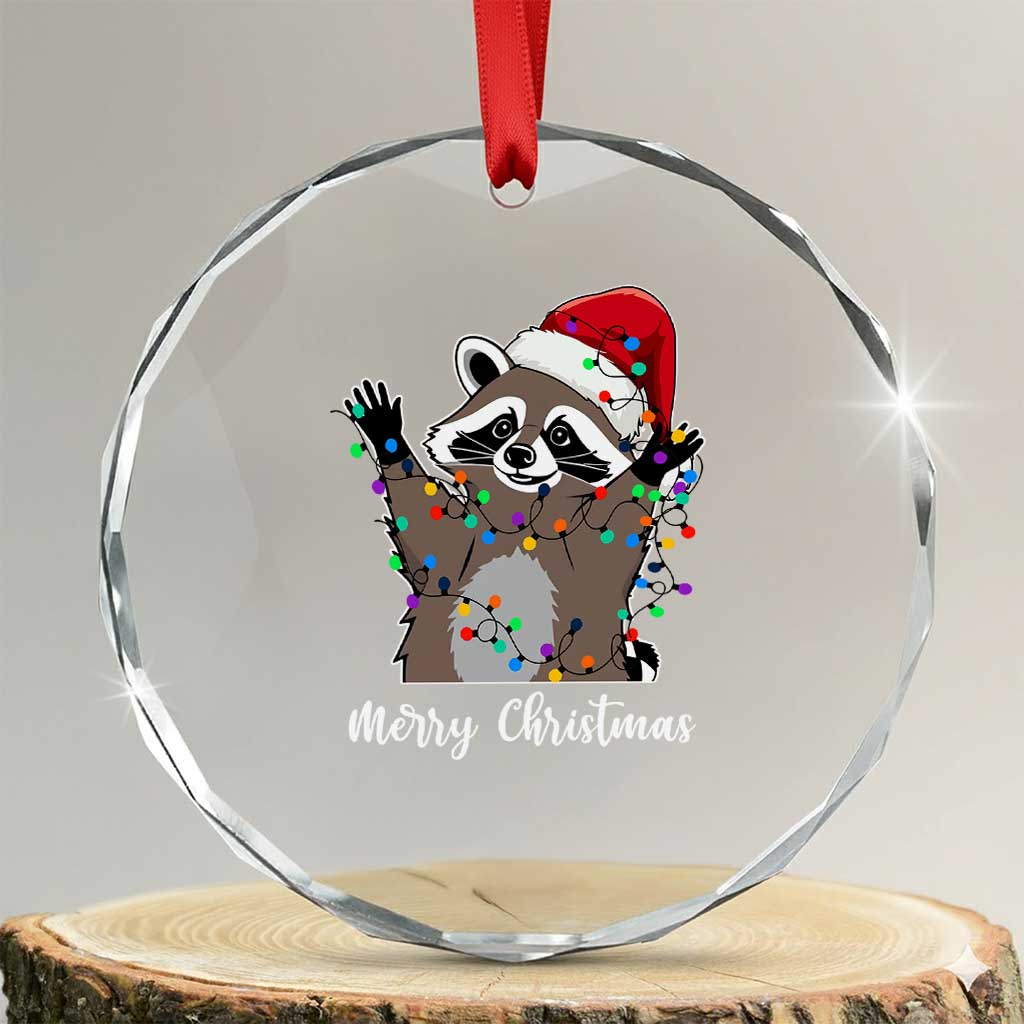 Merry Xmas Raccoon Crystal Glass Ornament Happy Holidays Gift Animal Red Santa Hat TS10