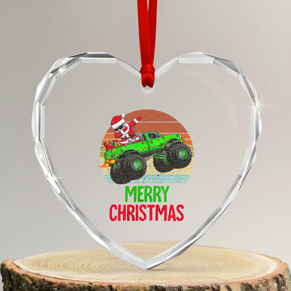 Merry Xmas Santa Monster Truck Dabbing Heart Crystal Glass Ornament - Wonder Print Shop