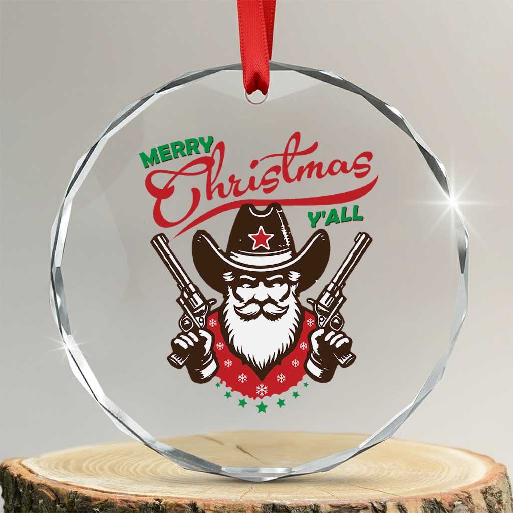 Merry Xmas Y'All Texas Cowboy Santa Crystal Glass Ornament TS09