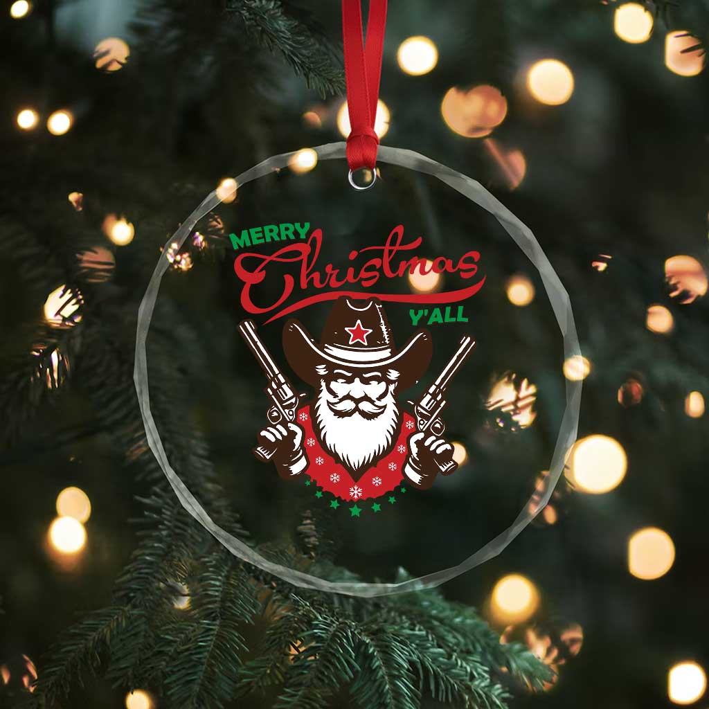 Merry Xmas Y'All Texas Cowboy Santa Crystal Glass Ornament TS09